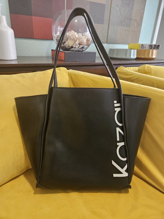 None Handbags - Kazar Black Genuine Leather Tote with White Logo Contemporary Business Casual